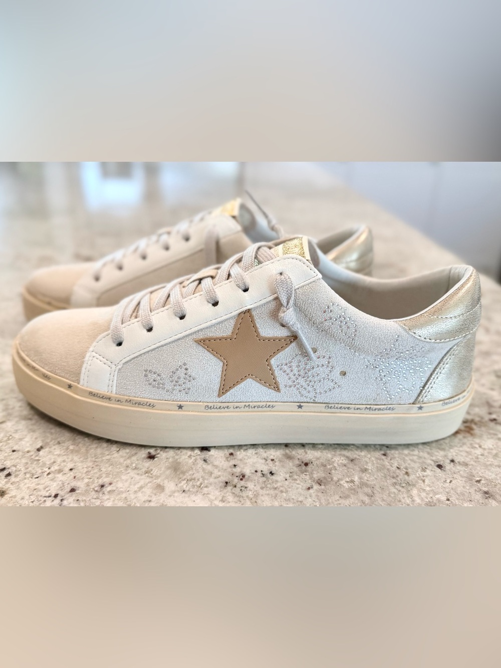 Mi.iM Cream Sneakers with Rhinestone Flowers & a Tan Star NIB